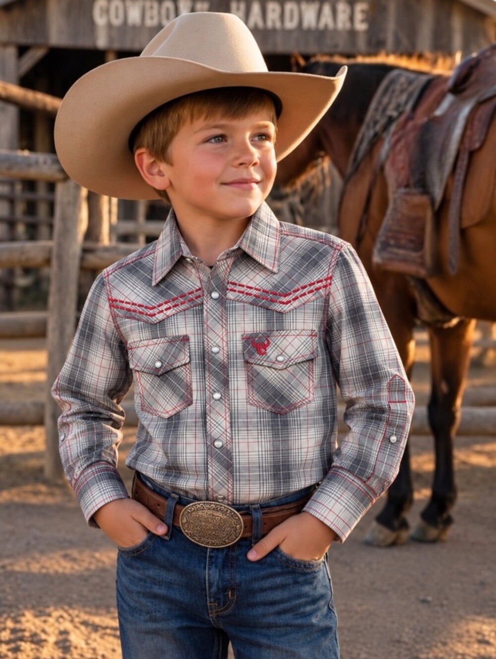 Boys COWBOY HARDWARE Gray/Black/Red Western snap front Rodeo shirt sz 5/XS EUC